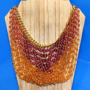 Bajalia Summer Pink & Orange Beaded Necklace Beads Bib Gold Tone Chain Statement